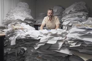 homme au milieu de piles de papiers sur son bureau photo