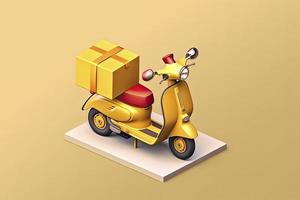 3d vector scooter con caja, entrega mensajero servicio, hora a compras concepto foto