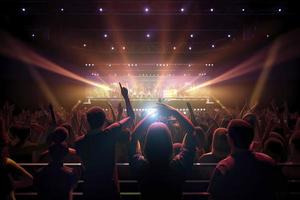 Future of crowded concert hall on stage with scene stage lights, rock show performance photo