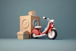 3d vector scooter con caja, entrega mensajero servicio, hora a compras concepto foto