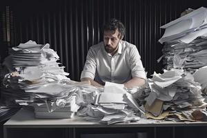 homme au milieu de piles de papiers sur son bureau photo