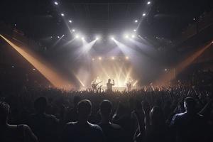 Future of crowded concert hall on stage with scene stage lights, rock show performance photo