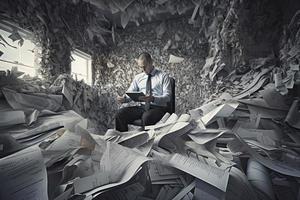 un conceptual collage acerca de un empresario obsesionado por documentos y informes representando el estrés de el moderno mundo a trabajar. foto