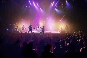 Future of crowded concert hall on stage with scene stage lights, rock show performance photo