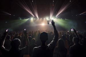 Future of crowded concert hall on stage with scene stage lights, rock show performance photo