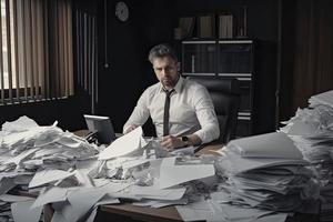homme au milieu de piles de papiers sur son bureau photo
