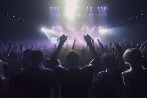 Future of crowded concert hall on stage with scene stage lights, rock show performance photo