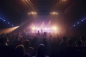 Future of crowded concert hall on stage with scene stage lights, rock show performance photo