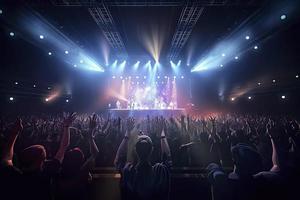 Future of crowded concert hall on stage with scene stage lights, rock show performance photo