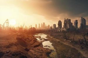 Post-apocalyptic landscape. City after the effects of global warming. Climate changes concept photo