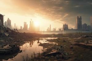 Post-apocalyptic landscape. City after the effects of global warming. Climate changes concept photo