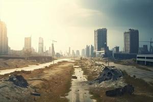 Post-apocalyptic landscape. City after the effects of global warming. Climate changes concept photo