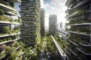 futuras ciudades inteligentes, ciudades sostenibles, rascacielos sostenibles con plantas exuberantes foto