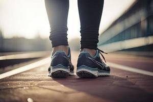 corredor en un pista con un cerca arriba de el zapatos.saludables ejercicio, sano foto