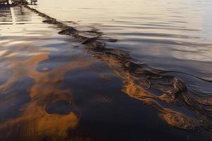 petróleo fuga desde Embarcacion , petróleo derramar contaminación contaminado agua superficie. agua contaminación como un resultado de humano ocupaciones foto