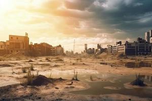 Post-apocalyptic landscape. City after the effects of global warming. Climate changes concept photo