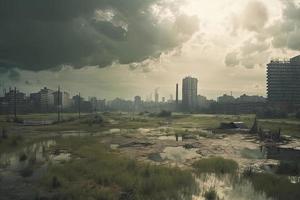 Post-apocalyptic landscape. City after the effects of global warming. Climate changes concept photo