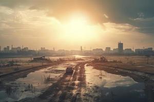 Post-apocalyptic landscape. City after the effects of global warming. Climate changes concept photo