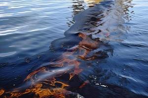 petróleo fuga desde Embarcacion , petróleo derramar contaminación contaminado agua superficie. agua contaminación como un resultado de humano ocupaciones foto