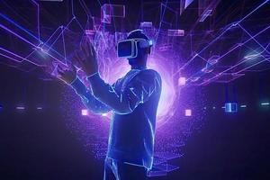 Metaverse technology future concept. VR virtual digital reality cyber metaverse simulation Innovation photo