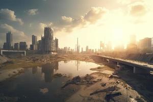 Post-apocalyptic landscape. City after the effects of global warming. Climate changes concept photo