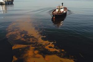 Oil leak from Ship , Oil spill pollution polluted water surface. water pollution as a result of human activities photo