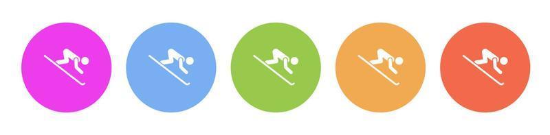 Multi colored flat icons on round backgrounds. Skiing silhouette multicolor circle vector icon on white background