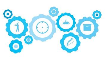 Office box gear blue icon set. Abstract background with connected gears and icons for logistic, service, shipping, distribution, transport, market, communicate concepts vector