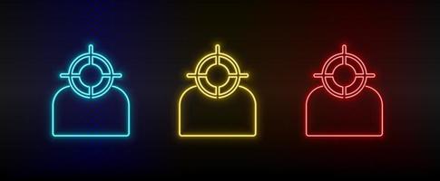 Neon icon set target, user. Set of red, blue, yellow neon vector icon on dark transparent background