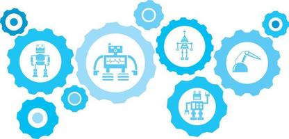 robot, icono, tecnología azul engranaje colocar. resumen antecedentes con conectado engranajes y íconos para logístico, servicio, envío, distribución, transporte, mercado, comunicar conceptos en blanco antecedentes vector