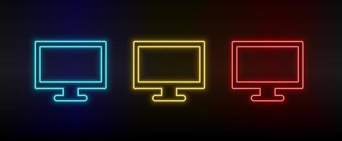 Neon icon set computer. Set of red, blue, yellow neon vector icon on dark transparent background