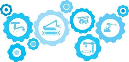 Robot, icon, technology, industry, factory blue gear set. Abstract background with connected gears and icons for logistic, service, shipping, distribution, transport, market, communicate concepts vector