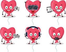 Red love balloon cartoon character are playing games with various cute emoticons vector