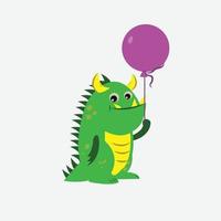 Funny cartoon, cute dinosaur with balloons Card. vector