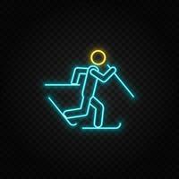 Skier skiing. Blue and yellow neon vector icon. Transparent background.