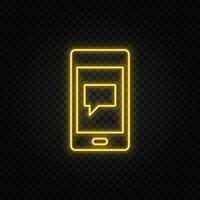 Yellow neon icon phone, chat, message. Transparent background. Yellow neon vector icon on dark background