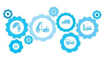 Connected gears and icons for logistic, service, shipping, distribution, transport, market, communicate concepts. Auto, car, collision, hit gear blue icon set on white background vector