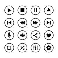 set of round black and white music player button icons vector