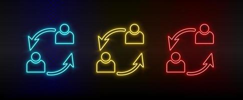 Neon icon set users, avatars, refresh. Set of red, blue, yellow neon vector icon on dark transparent background