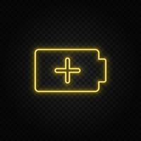 Yellow neon icon charge, add, battery. Transparent background. Yellow neon vector icon on dark background