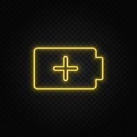 Yellow neon icon charge, add, battery. Transparent background. Yellow neon vector icon on dark background