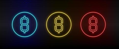 Neon icon set dollar, money, coin. Set of red, blue, yellow neon vector icon on dark transparent background