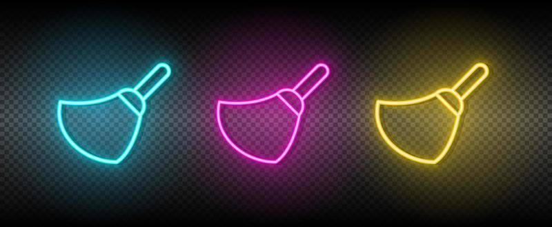 clear, broom vector icon yellow, pink, blue neon set. Tools vector icon on dark transparency background