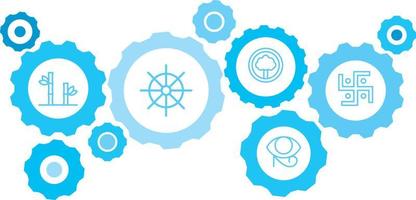 Swastika symbol vector icon blue gear set. Abstract background with connected gears and icons for logistic, service, shipping, distribution, transport, market, communicate concepts on white background