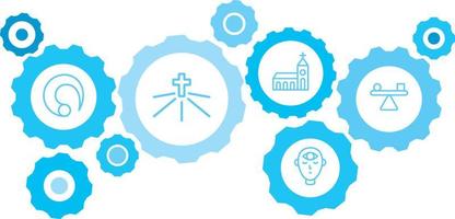 Balance symbol vector icon blue gear set. Abstract background with connected gears and icons for logistic, service, shipping, distribution, transport, market, communicate concepts on white background