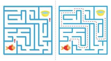 Simple  maze abstract game with answer. Help fish find water. vector