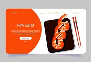 Landing page template with Asian food. Sushi store homepage with shrimps. New menu template. Online delivery seafood. Mobile app vector