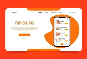 Mobile app template with sashimi menu. Landing page template with Asian food. Sushi store homepage. Online delivery seafood. vector