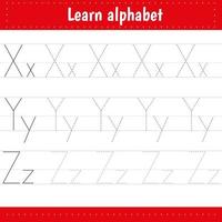 Writing letters. Tracing page. Practice sheet. Worksheet for kids. Learn alphabet. vector