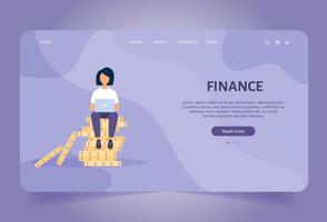 Landing page template for Business financial expert. Young woman working with laptop on coins. Saving money. Business concepts for website vector